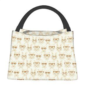 Hipster Cats Insulated Lunch Bag Kitty Glasses Beige Hand Drawn Retro Art NEW